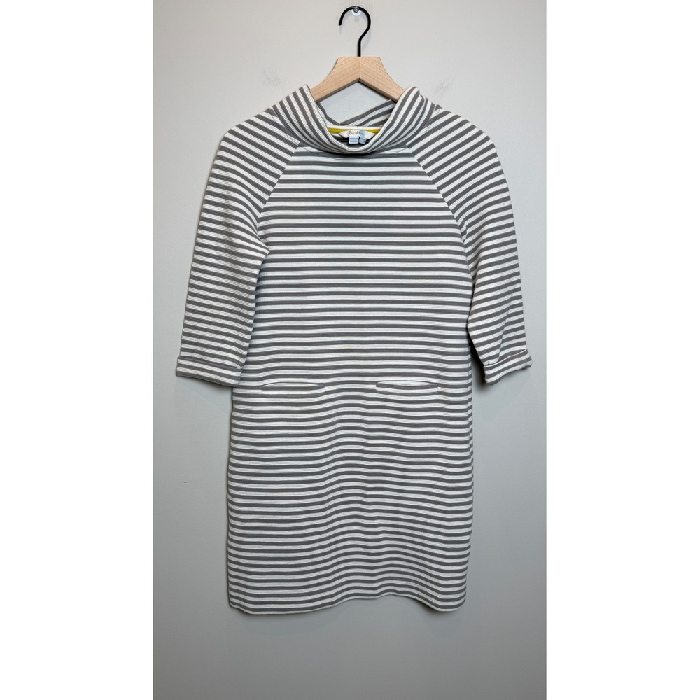 Boden 4 Shift Dress Grey White Striped Funnel Neck Pockets Neutral Cotton Blend‎